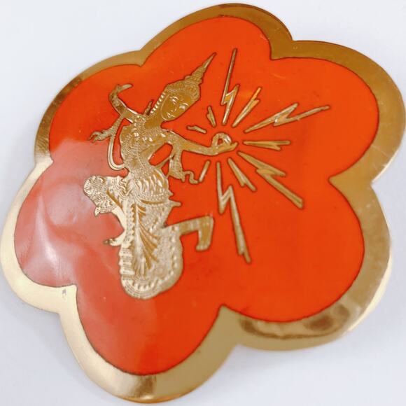 VTG Mid Century Brooch Siam Red Enamel Gold Tone Floral Thai Dancer Motif - Picture 4 of 11